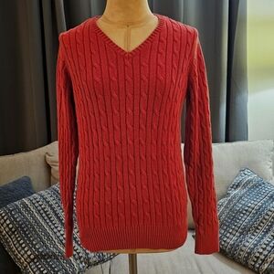Red Long Sleeve V-Neck Cable Knit Sweater Size LT
